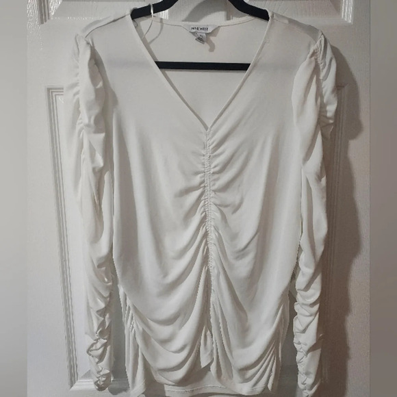 Nine West White Ruched V-Neck Long Sleeve Top in Size XL - Picture 2 of 12